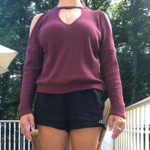 Maroon cold shoulder v-neck